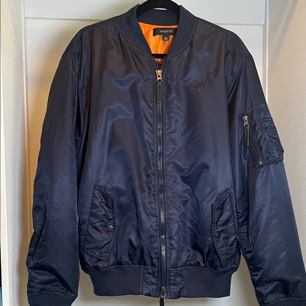 Ring of Fire Navy Blue Bomber Jacket with Orange Lining Large